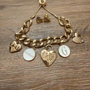 Guess Gold Heart Charm Bracelet and earrings
